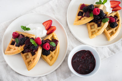 Olive oil waffles with balsamic berry compote